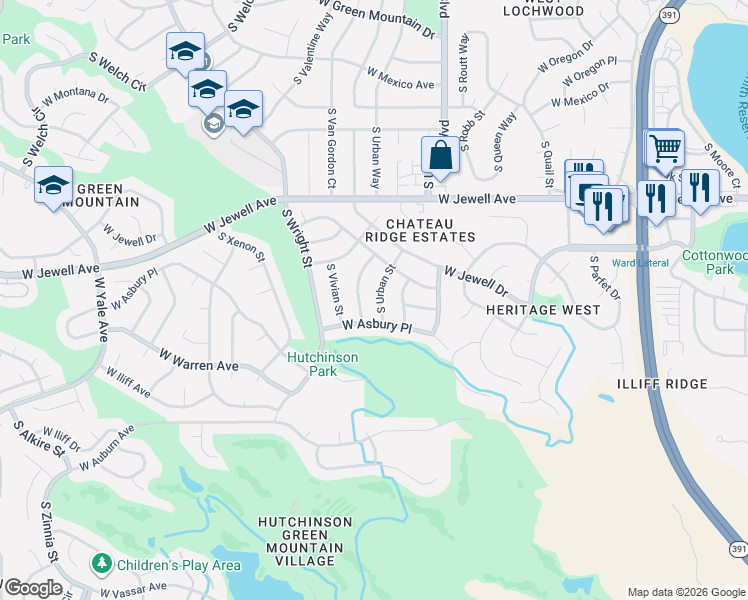 map of restaurants, bars, coffee shops, grocery stores, and more near 1960 South Van Gordon Street in Lakewood