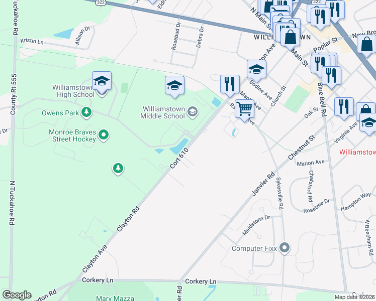map of restaurants, bars, coffee shops, grocery stores, and more near 632 Clayton Avenue in Monroe Township