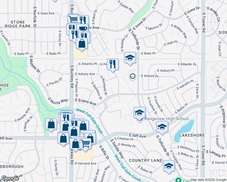 map of restaurants, bars, coffee shops, grocery stores, and more near 2055 South Rifle Street in Aurora