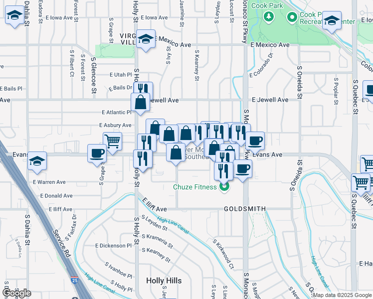 map of restaurants, bars, coffee shops, grocery stores, and more near 6005 East Evans Avenue in Denver