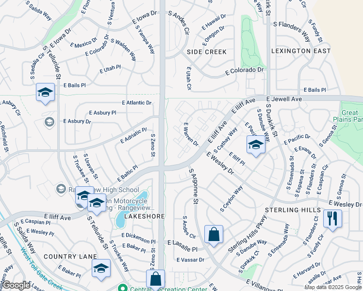 map of restaurants, bars, coffee shops, grocery stores, and more near 18841 East Warren Drive in Aurora