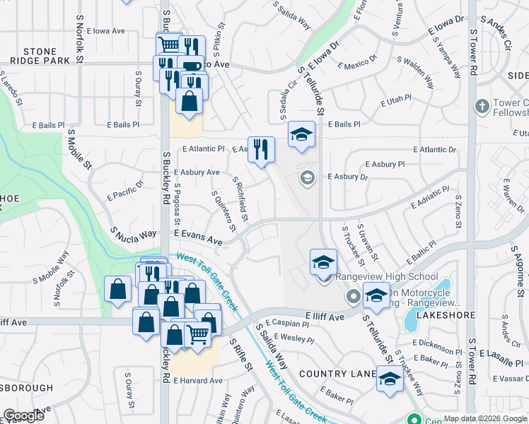 map of restaurants, bars, coffee shops, grocery stores, and more near 2055 South Rifle Street in Aurora
