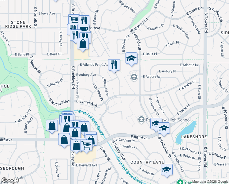 map of restaurants, bars, coffee shops, grocery stores, and more near 2055 South Rifle Street in Aurora