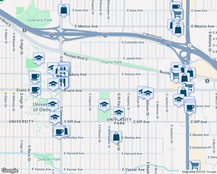 map of restaurants, bars, coffee shops, grocery stores, and more near 2039 South Milwaukee Street in Denver