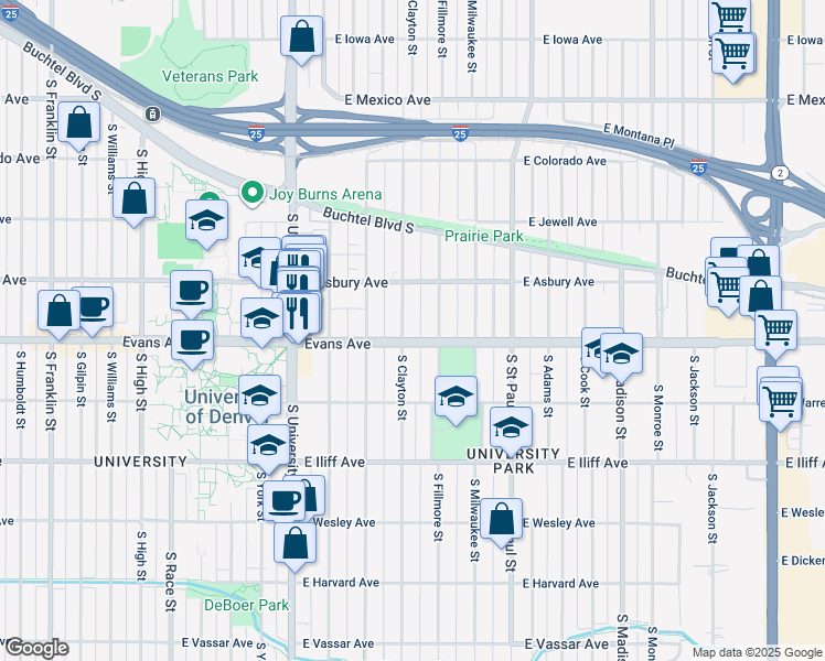 map of restaurants, bars, coffee shops, grocery stores, and more near 2034 South Clayton Street in Denver