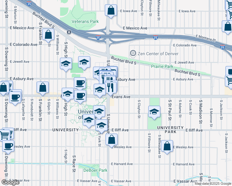map of restaurants, bars, coffee shops, grocery stores, and more near 2040 South Josephine Street in Denver
