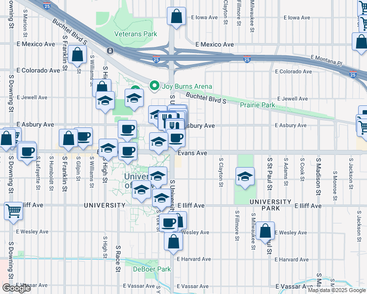 map of restaurants, bars, coffee shops, grocery stores, and more near 2040 South Josephine Street in Denver