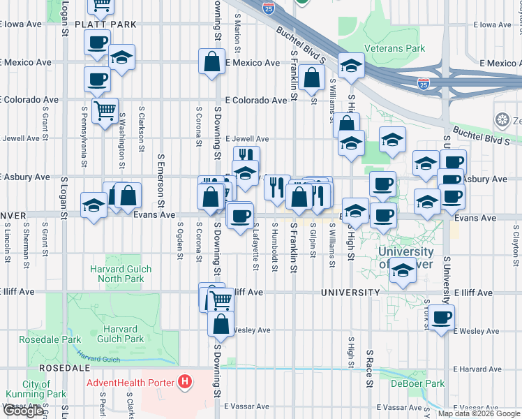 map of restaurants, bars, coffee shops, grocery stores, and more near 1320 East Asbury Avenue in Denver