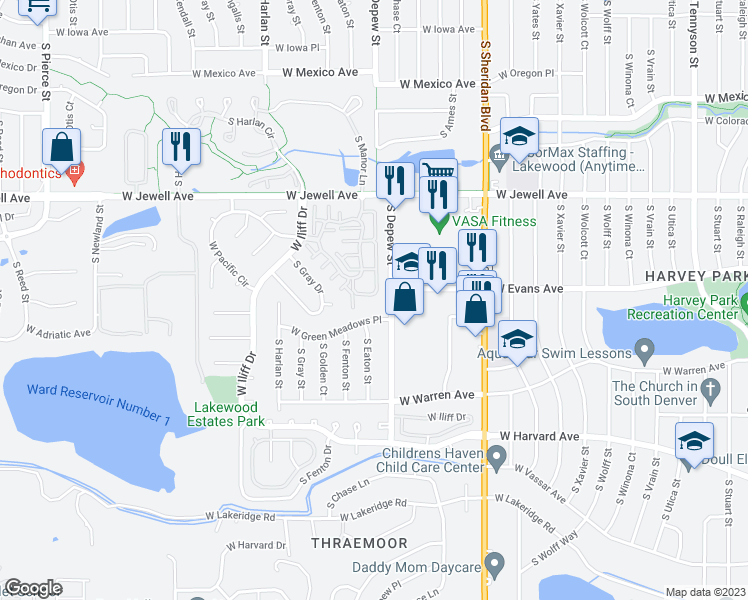 map of restaurants, bars, coffee shops, grocery stores, and more near 5735 West Asbury Place in Lakewood