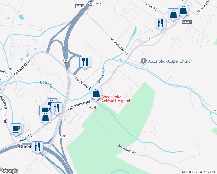 map of restaurants, bars, coffee shops, grocery stores, and more near 352 Fairchance Road in Morgantown