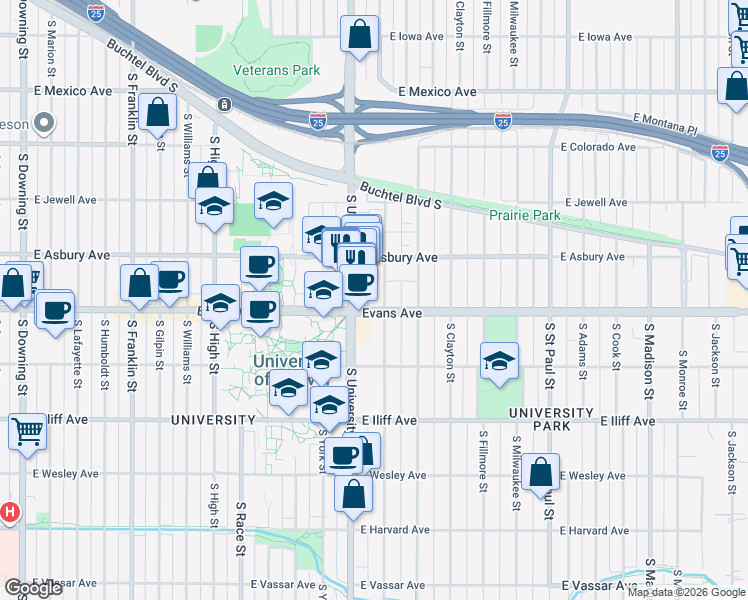 map of restaurants, bars, coffee shops, grocery stores, and more near 2040 South Josephine Street in Denver