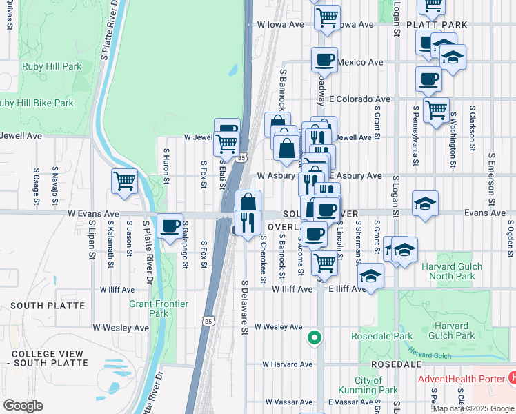 map of restaurants, bars, coffee shops, grocery stores, and more near 2028 South Cherokee Street in Denver