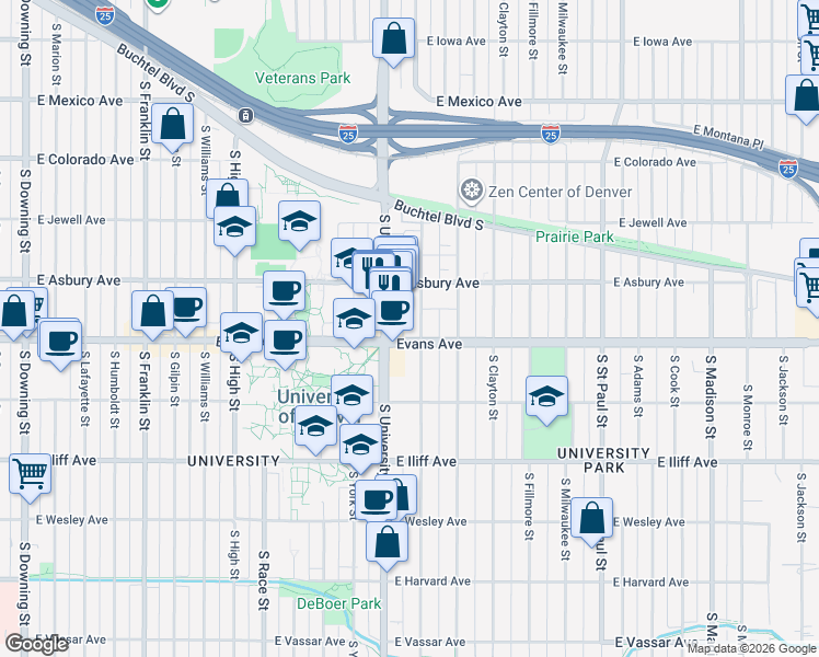 map of restaurants, bars, coffee shops, grocery stores, and more near 2085 South Josephine Street in Denver