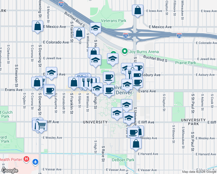 map of restaurants, bars, coffee shops, grocery stores, and more near 2199 South University Boulevard in Denver