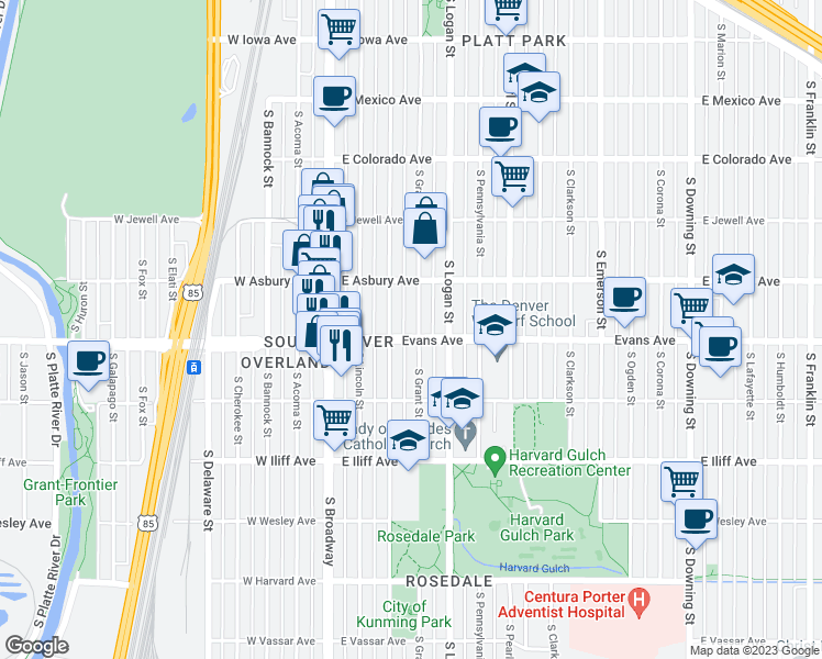 map of restaurants, bars, coffee shops, grocery stores, and more near 2081 South Grant Street in Denver
