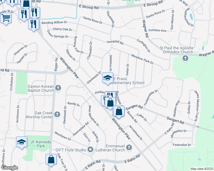 map of restaurants, bars, coffee shops, grocery stores, and more near 2601 Parklawn Drive in Dayton
