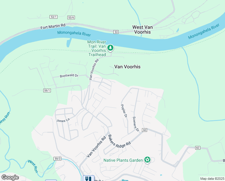 map of restaurants, bars, coffee shops, grocery stores, and more near 840 Big Mountain Drive in Morgantown