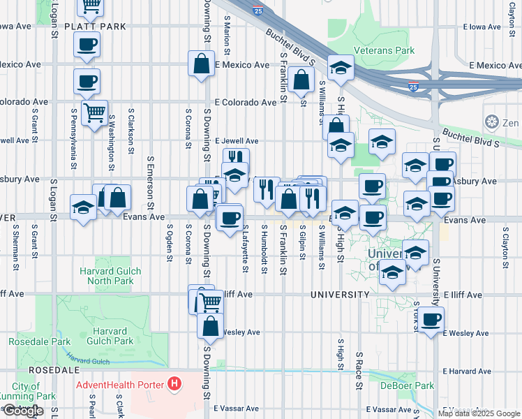 map of restaurants, bars, coffee shops, grocery stores, and more near 2053 South Humboldt Street in Denver