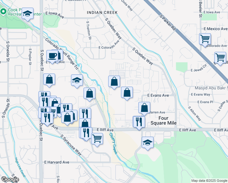 map of restaurants, bars, coffee shops, grocery stores, and more near 8200 East Pacific Place in Denver