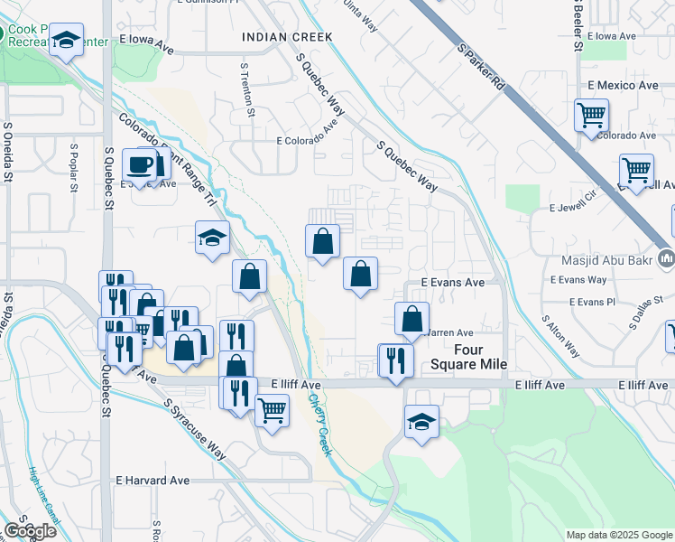 map of restaurants, bars, coffee shops, grocery stores, and more near 8200 East Pacific Place in Denver