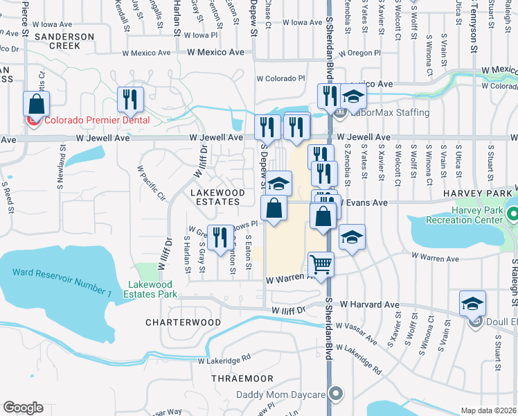map of restaurants, bars, coffee shops, grocery stores, and more near in Denver