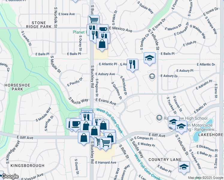map of restaurants, bars, coffee shops, grocery stores, and more near 2047 South Quintero Street in Aurora