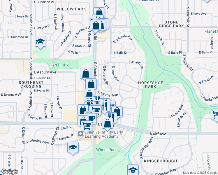 map of restaurants, bars, coffee shops, grocery stores, and more near 2004 South Helena Street in Aurora