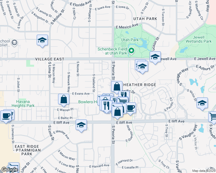 map of restaurants, bars, coffee shops, grocery stores, and more near 2055 South Paris Way in Aurora