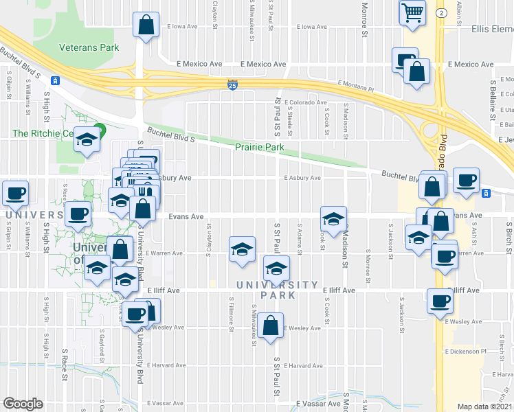 map of restaurants, bars, coffee shops, grocery stores, and more near 2039 South Milwaukee Street in Denver