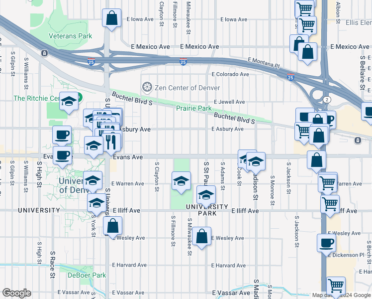 map of restaurants, bars, coffee shops, grocery stores, and more near 2039 South Milwaukee Street in Denver