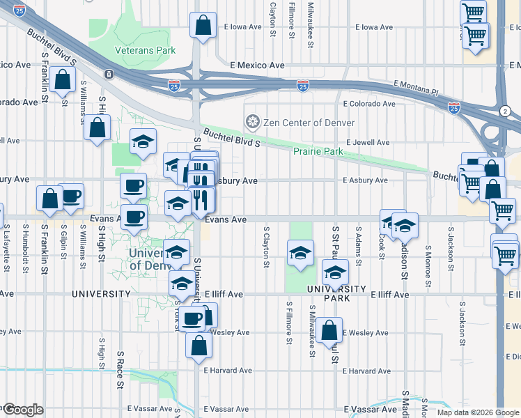map of restaurants, bars, coffee shops, grocery stores, and more near 2034 South Clayton Street in Denver