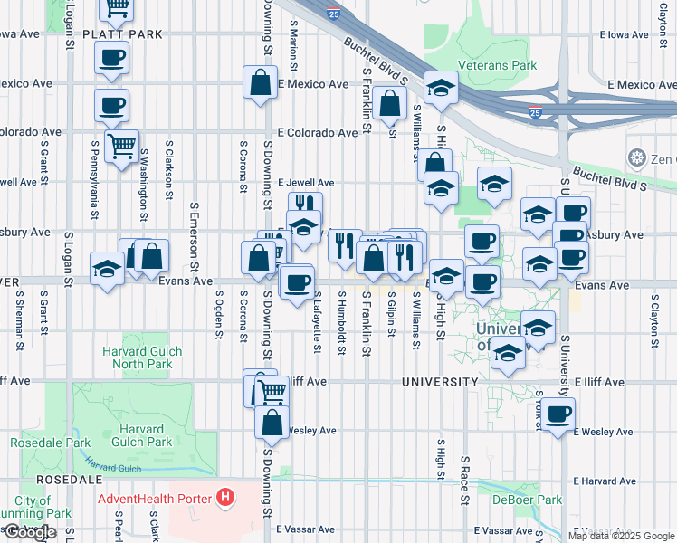 map of restaurants, bars, coffee shops, grocery stores, and more near 2053 South Humboldt Street in Denver