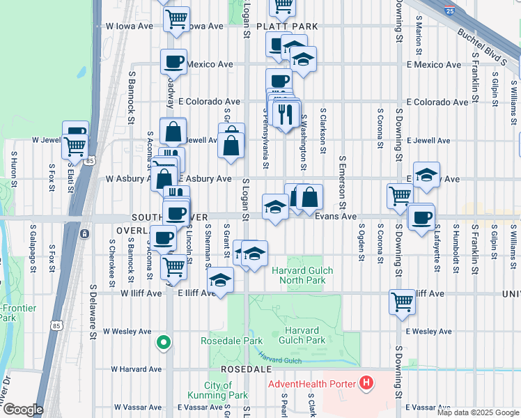 map of restaurants, bars, coffee shops, grocery stores, and more near 2047 South Pennsylvania Street in Denver