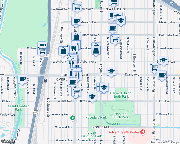 map of restaurants, bars, coffee shops, grocery stores, and more near 2042 South Sherman Street in Denver