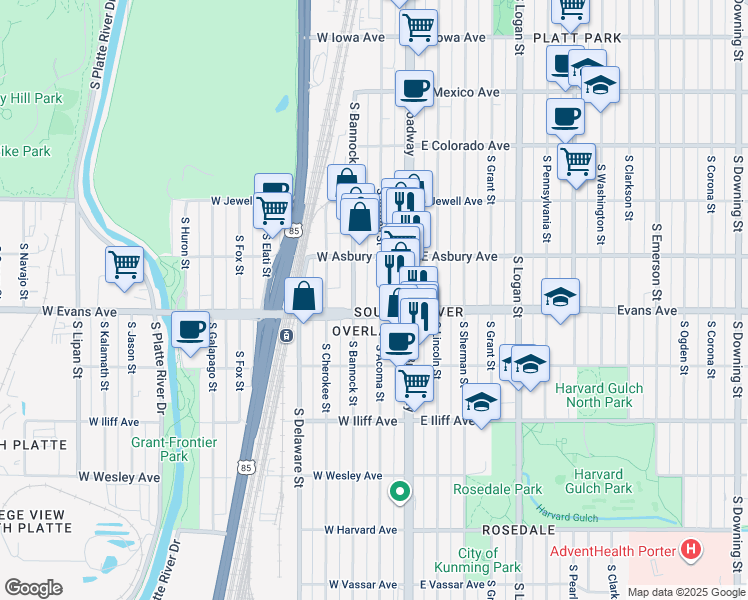 map of restaurants, bars, coffee shops, grocery stores, and more near 2034 South Bannock Street in Denver