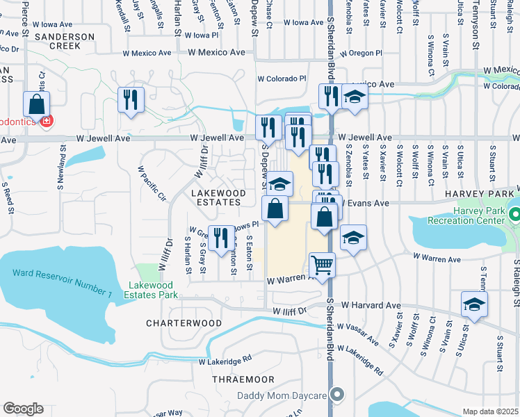 map of restaurants, bars, coffee shops, grocery stores, and more near in Denver