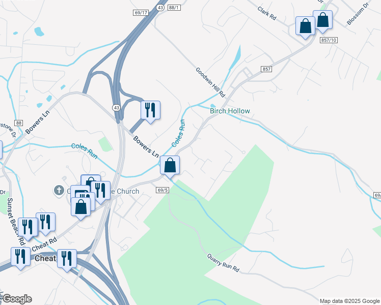 map of restaurants, bars, coffee shops, grocery stores, and more near 352 Fairchance Road in Morgantown