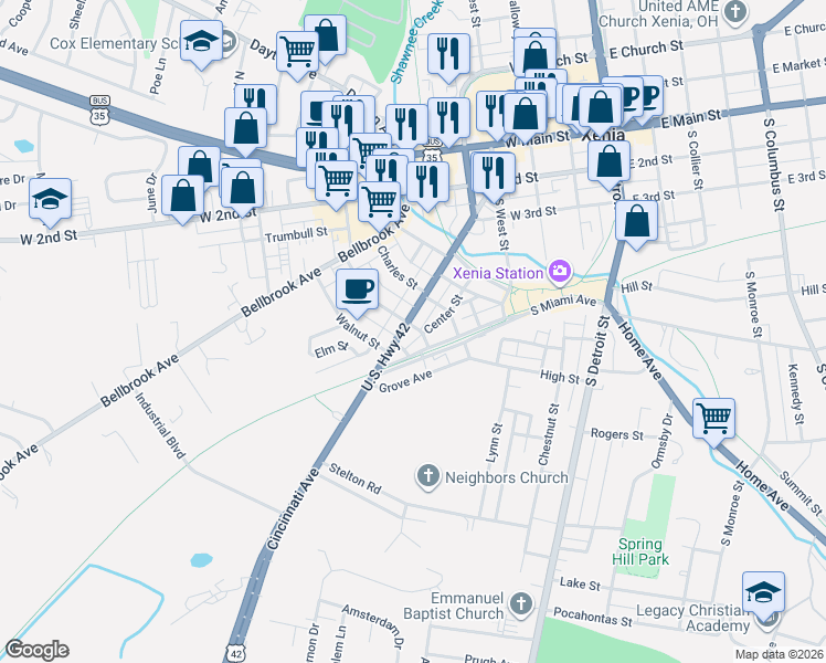 map of restaurants, bars, coffee shops, grocery stores, and more near 427 Cincinnati Avenue in Xenia
