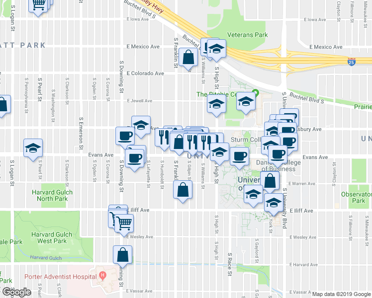 map of restaurants, bars, coffee shops, grocery stores, and more near 2075 South Gilpin Street in Denver