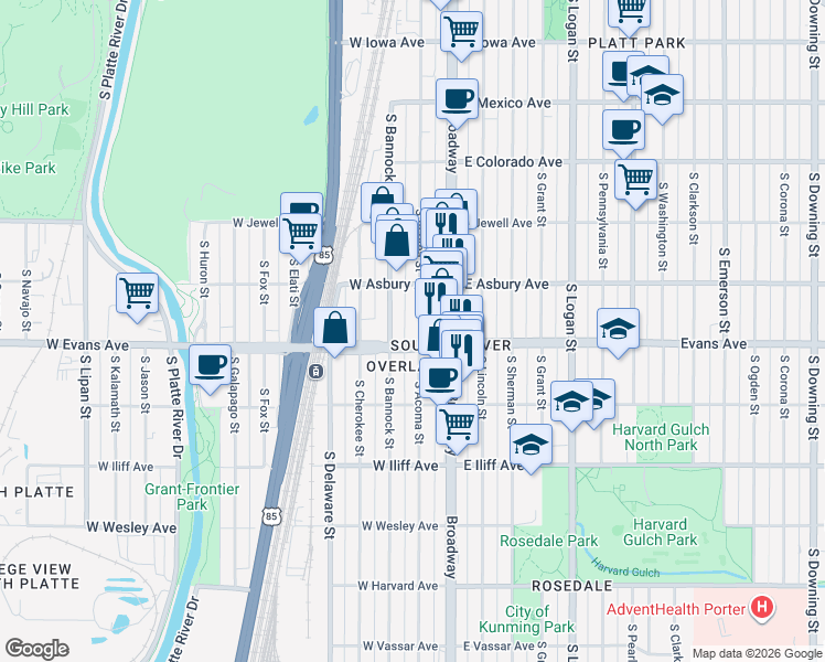 map of restaurants, bars, coffee shops, grocery stores, and more near 2034 South Bannock Street in Denver