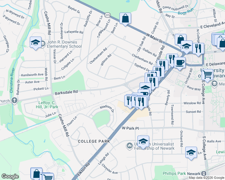 map of restaurants, bars, coffee shops, grocery stores, and more near 800 Barksdale Road in Newark