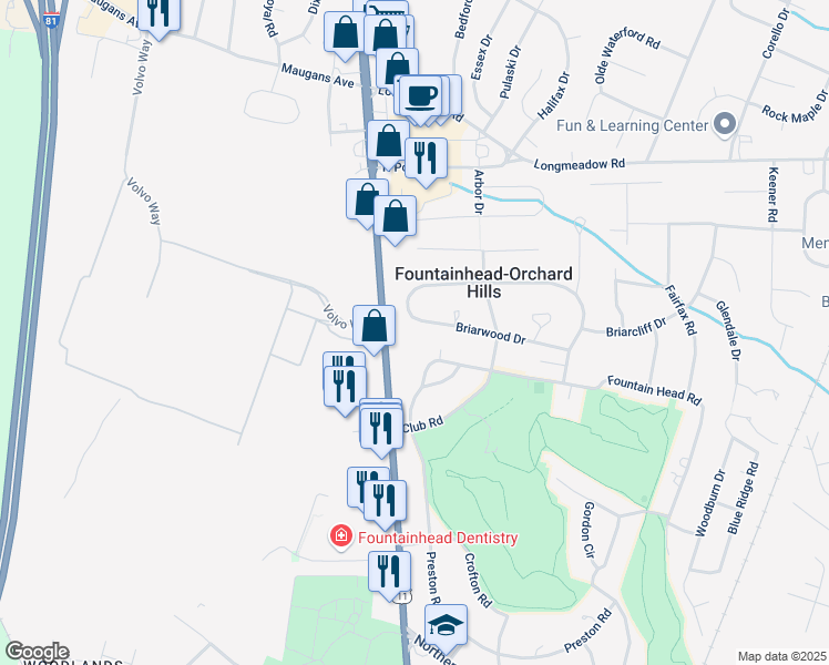 map of restaurants, bars, coffee shops, grocery stores, and more near 18709 Briarwood Drive in Hagerstown