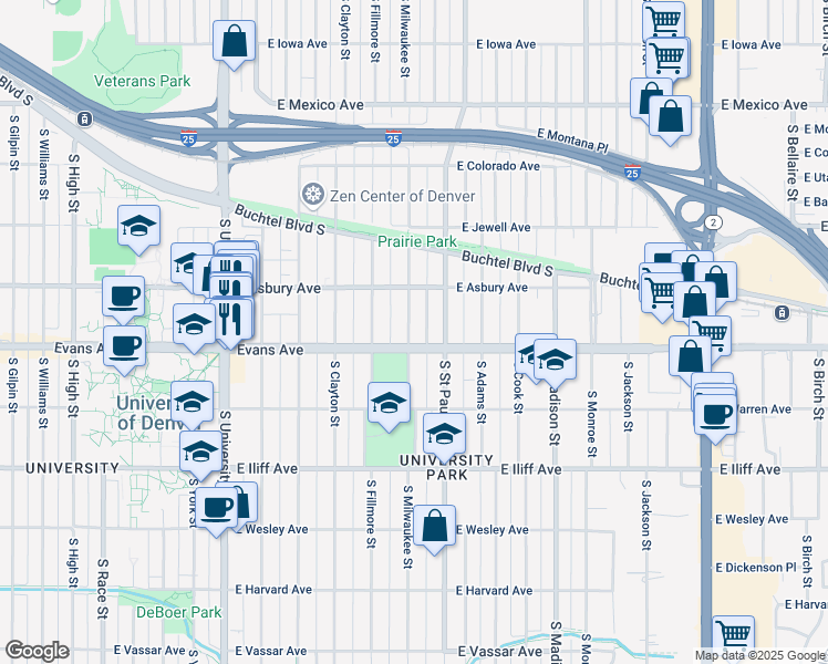 map of restaurants, bars, coffee shops, grocery stores, and more near 2039 South Milwaukee Street in Denver
