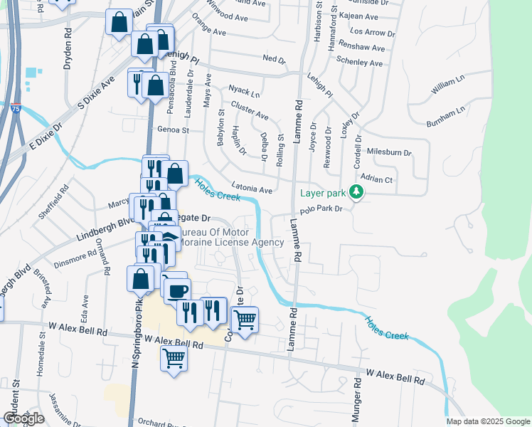 map of restaurants, bars, coffee shops, grocery stores, and more near 5087 Belle Isle Drive in Dayton