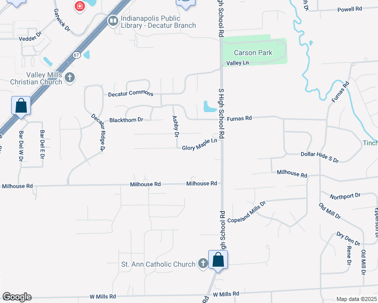map of restaurants, bars, coffee shops, grocery stores, and more near 6439 Glory Maple Lane in Indianapolis