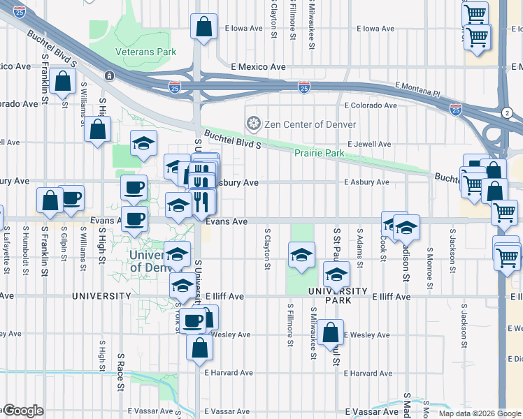 map of restaurants, bars, coffee shops, grocery stores, and more near 2034 South Clayton Street in Denver