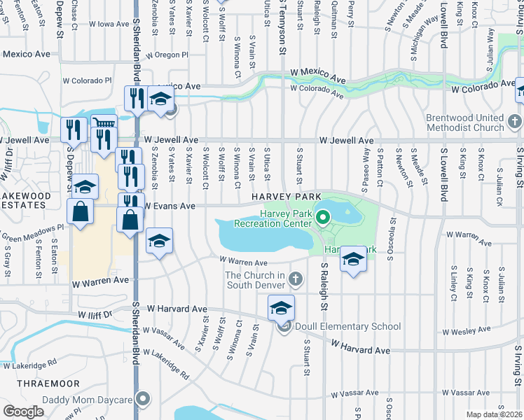 map of restaurants, bars, coffee shops, grocery stores, and more near 4455 West Evans Avenue in Denver