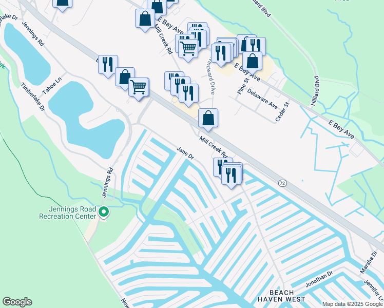 map of restaurants, bars, coffee shops, grocery stores, and more near 812 Jane Drive in Manahawkin