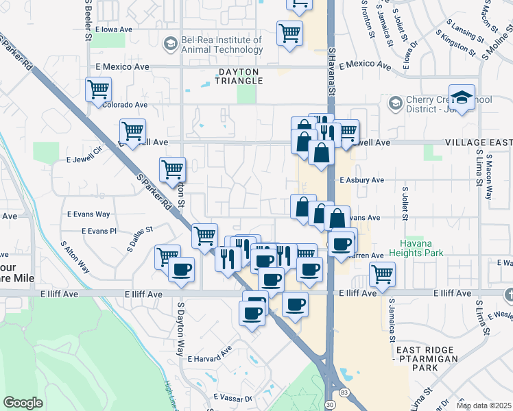 map of restaurants, bars, coffee shops, grocery stores, and more near South Florence Way in Aurora
