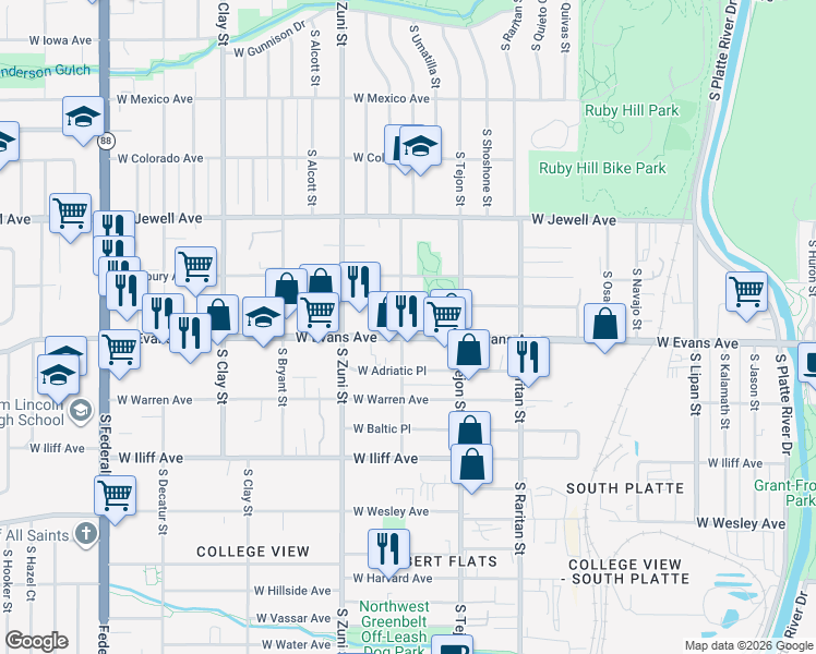 map of restaurants, bars, coffee shops, grocery stores, and more near 2211 West Evans Avenue in Denver